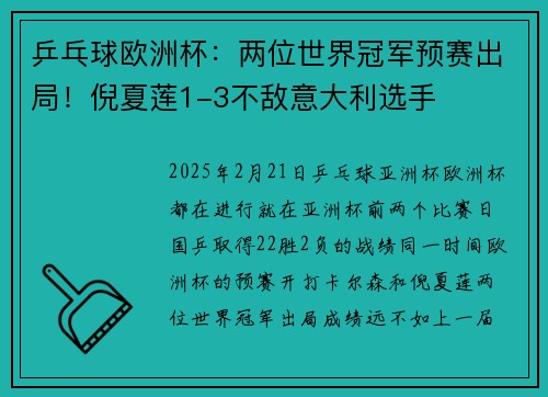 乒乓球欧洲杯：两位世界冠军预赛出局！倪夏莲1-3不敌意大利选手