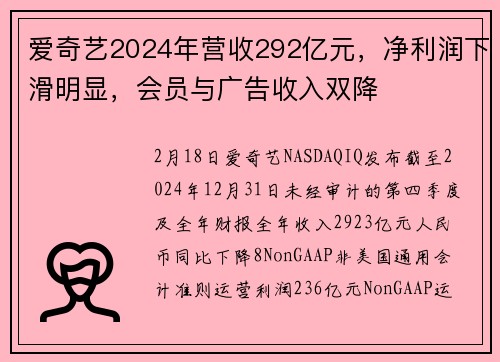 爱奇艺2024年营收292亿元，净利润下滑明显，会员与广告收入双降