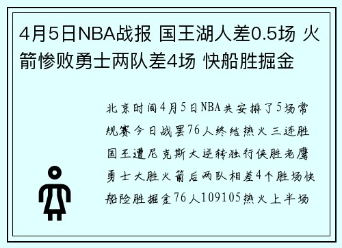 4月5日NBA战报 国王湖人差0.5场 火箭惨败勇士两队差4场 快船胜掘金