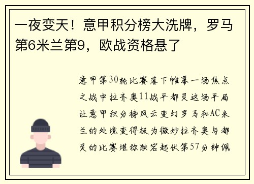 一夜变天！意甲积分榜大洗牌，罗马第6米兰第9，欧战资格悬了