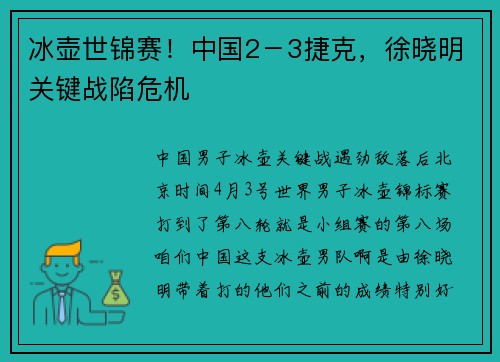 冰壶世锦赛！中国2－3捷克，徐晓明关键战陷危机