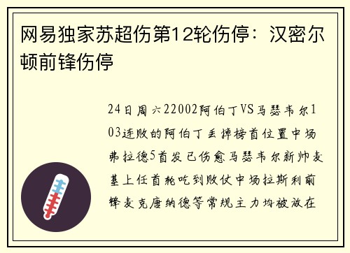 网易独家苏超伤第12轮伤停：汉密尔顿前锋伤停