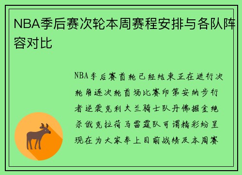 NBA季后赛次轮本周赛程安排与各队阵容对比
