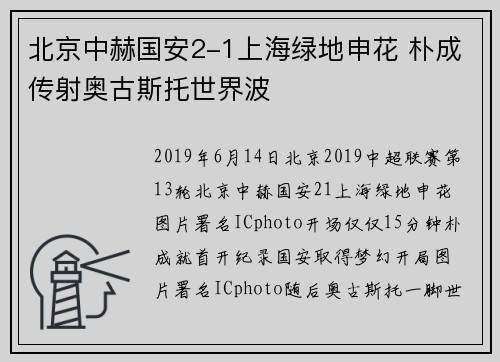 北京中赫国安2-1上海绿地申花 朴成传射奥古斯托世界波
